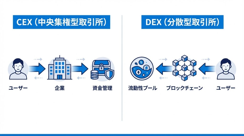CEX（中央集権型取引所）とDEX（分散型取引所）の説明画像
