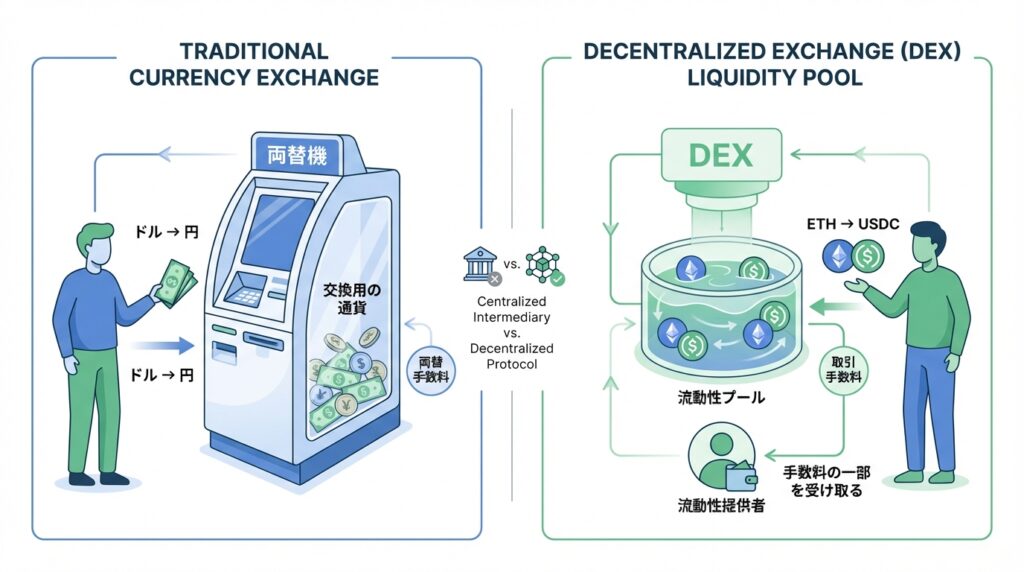 DEX流動性提供を両替機に例えた図解イラスト
