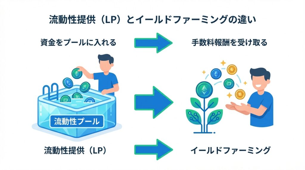 DEX流動性提供とイールドファーミングの区別の図解画像
