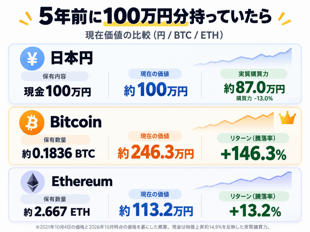直近5年の、日本円、ビットコイン、イーサリアムの価値の比較画像